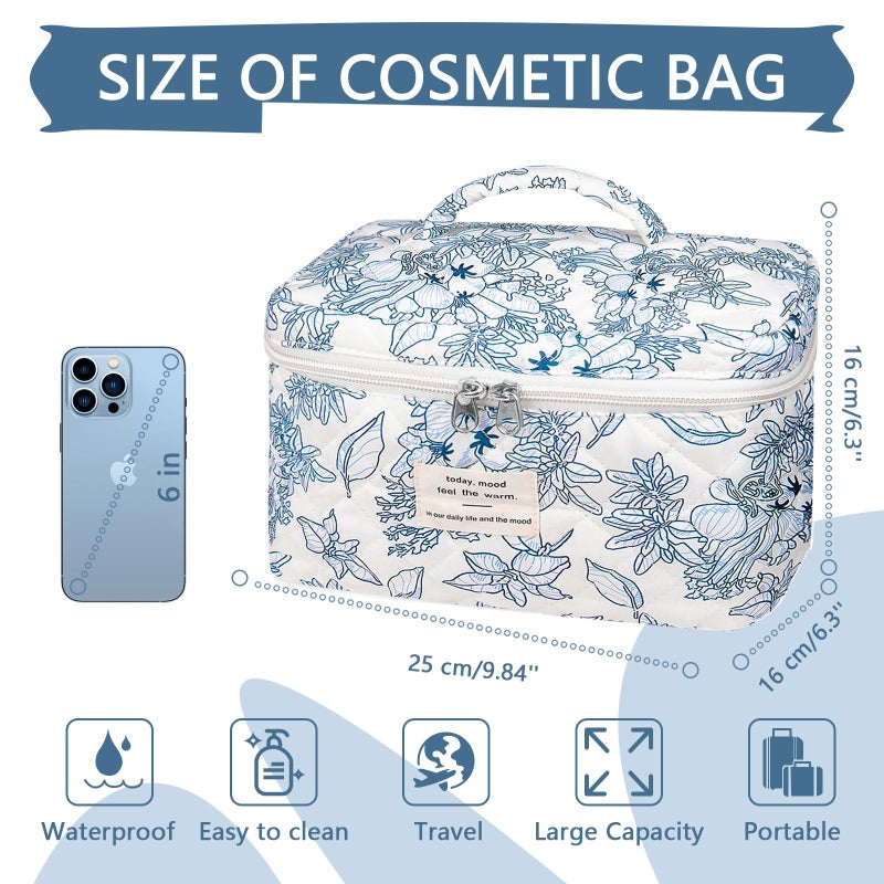 Gosect Large Makeup Bag  Cute Cosmetic Bag for Women Girls  Floral Coquette Aesthetic Toiletry Bag  Travel Make Up Organizer Bag (Navy Blue) - Image 2